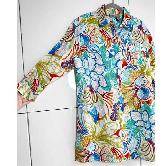 Chico’s Linen Blend Tunic Top Size 1 (Medium) Tropical Print Button Front Resort - Picture 2 of 7